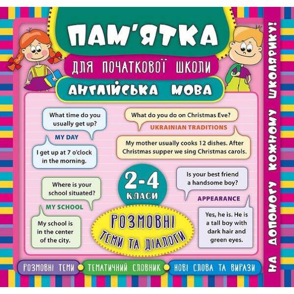 Пам’ятка для початкової школи. Англійська мова. Розмовні теми та діалоги. 2-4 кл. – Зінов’єва Л. О. – УЛА (104875)
