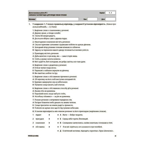 Українська мова. Усі діагностувальні роботи. 8 клас