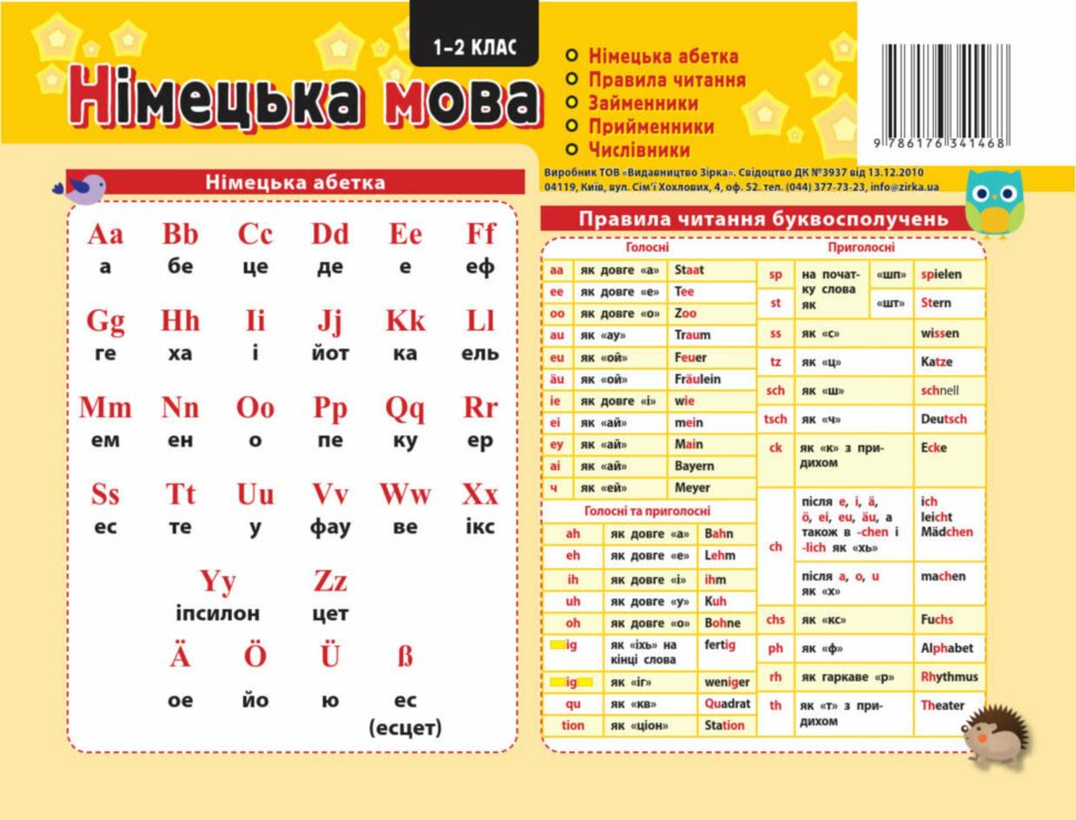 Картонна підказка. Німецька мова. 1-2 класи